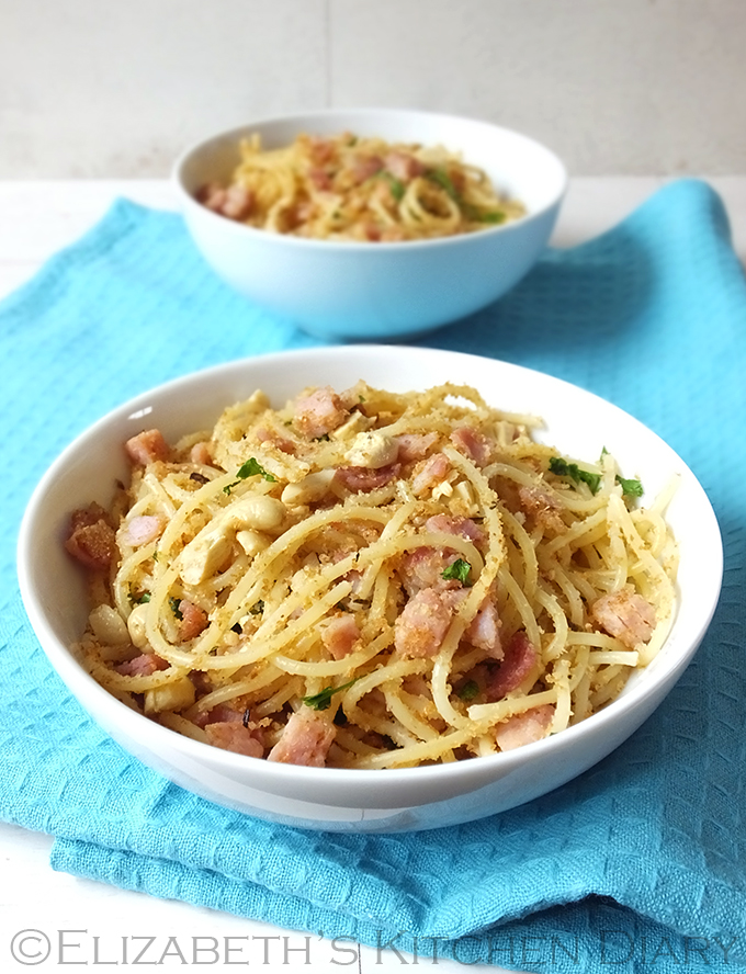 Spaghetti with Bacon & Crispy Breadcrumbs {Recipe & Cook Book Giveaway} Elizabeth's Kitchen Diary