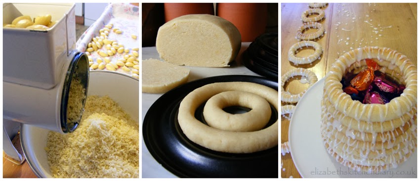 A three-step collage of making kransekake. The first image shows the almonds being ground in a hand grinder, the second shows the raw dough in a kransekake ring pan and the third shows the decorating process with the hollow centre filled with chocolate sweets.