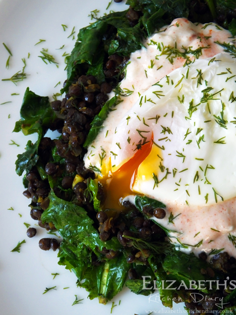 Poached egg with spiced puy lentils and asparagus kale