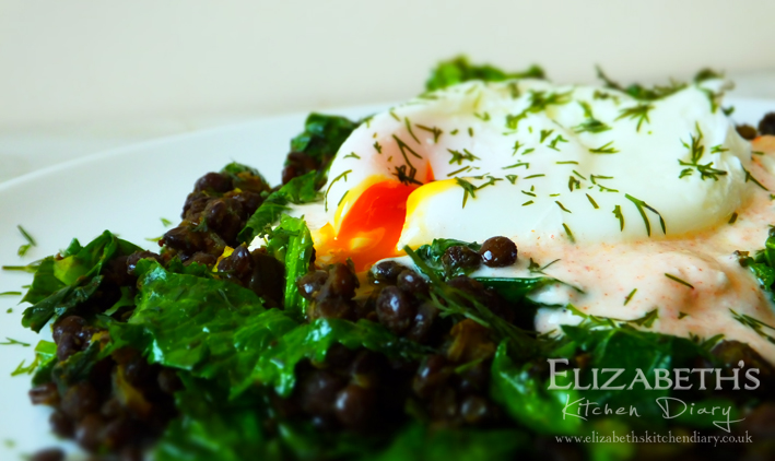 Poached Egg with Spiced Puy Lentils & Asparagus Kale