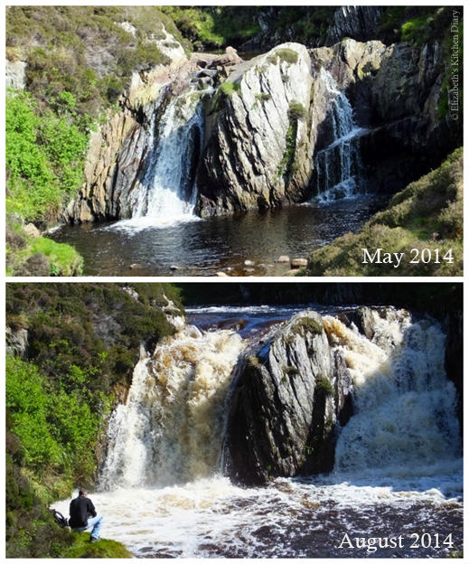 Burn of Lunklet - Normal waterflow in May 2014 and after the heavy rainfall in August 2014