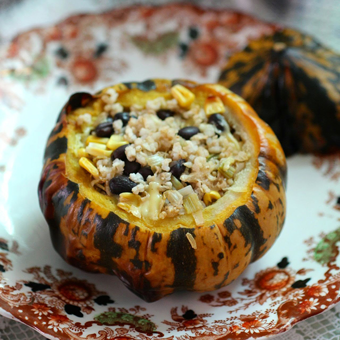 Stuffed squash with tex mex rice and beans