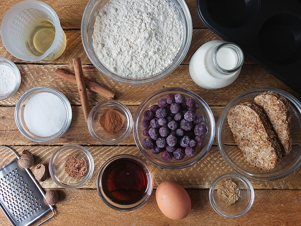 Top down image of all the ingredients needed for Blueberry Weetabix Muffins.