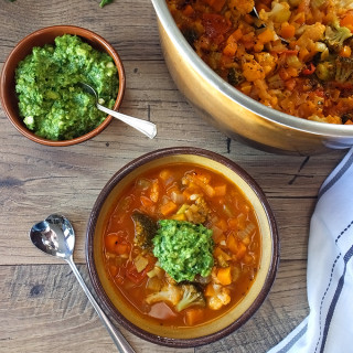 Chunky Vegetable Soup with Spinach Cashew Pesto