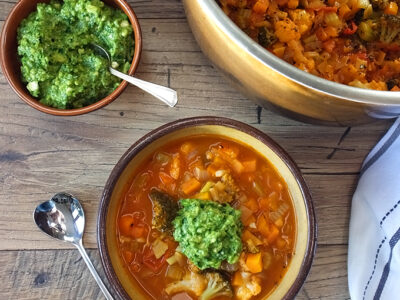 Chunky Vegetable Soup with Spinach Cashew Pesto