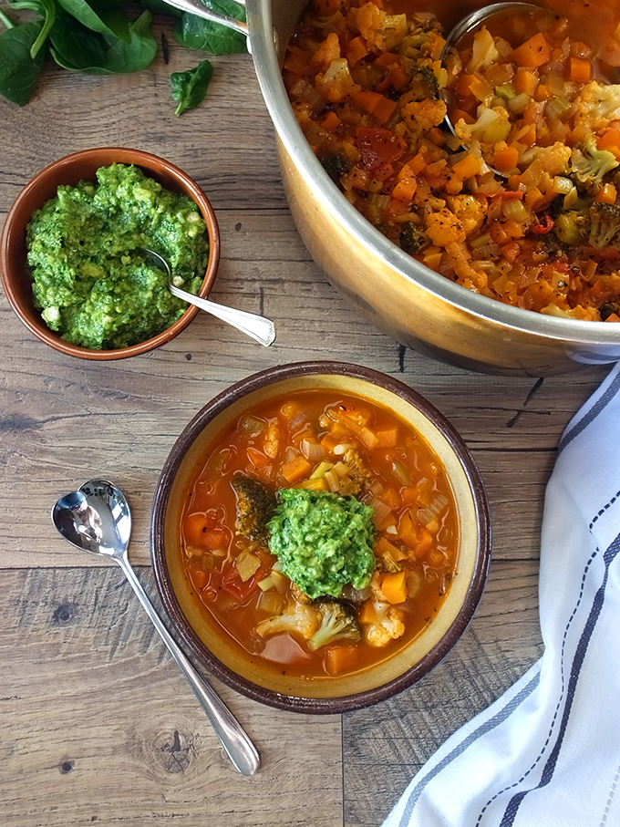 Chunky Vegetable Soup with Spinach Cashew Pesto