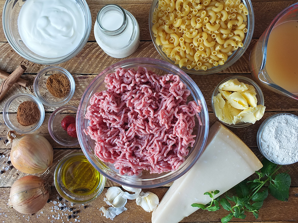 Ingredients needed for pastitsio Greek macaroni pie recipe.