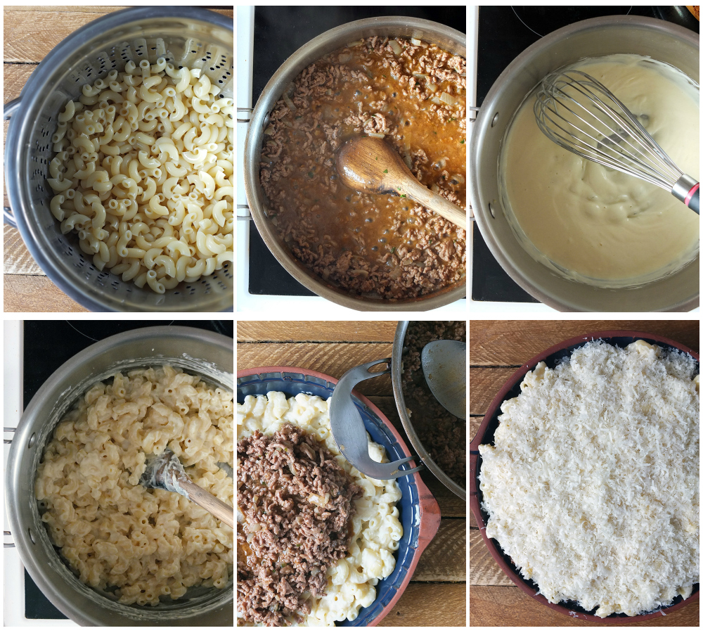 Top down Pastitsio Greek Macaroni Pie Recipe images, step by step.