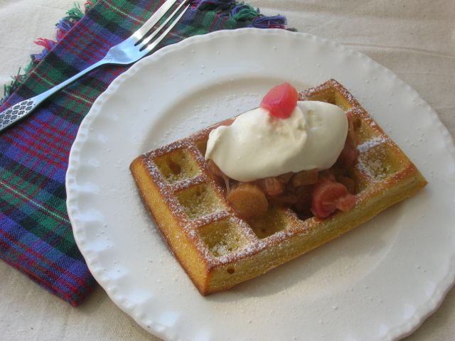 Waffles with Rhubarb and Rose Compote and Rose Cream