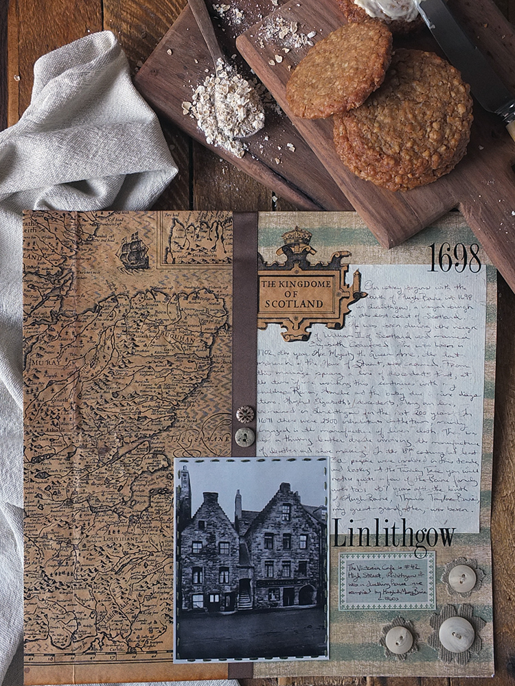Image of a scrapbook page showing Linlithgow Scottish genealogy with Cape Breton oatcakes in the corner.
