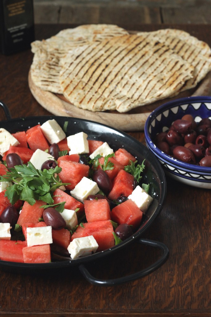 Greek Watermelon Salad with Quick Sumac Yogurt Flatbreads