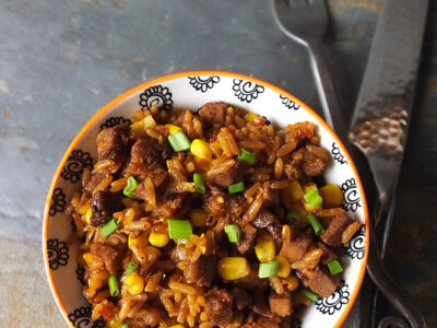 Sticky Brown Sugar Glazed Pork with New Orleans Style Rice