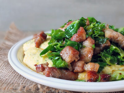 Maple Glazed Sprout Tops and Streaky Pork with Creamy Polenta