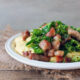 Maple Glazed Sprout Tops and Streaky Pork with Creamy Polenta