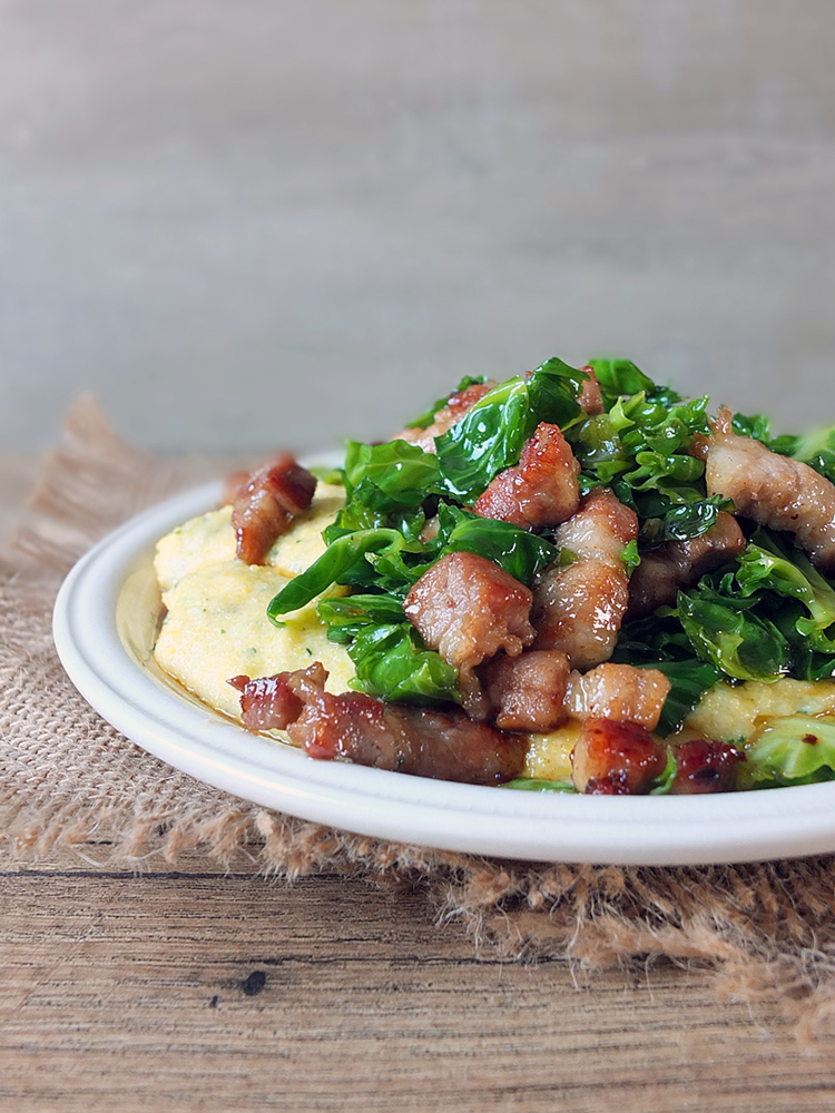 Maple Glazed Sprout Tops and Streaky Pork with Creamy Polenta