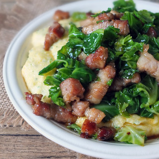 Maple Glazed Sprout Tops and Streaky Pork with Creamy Polenta