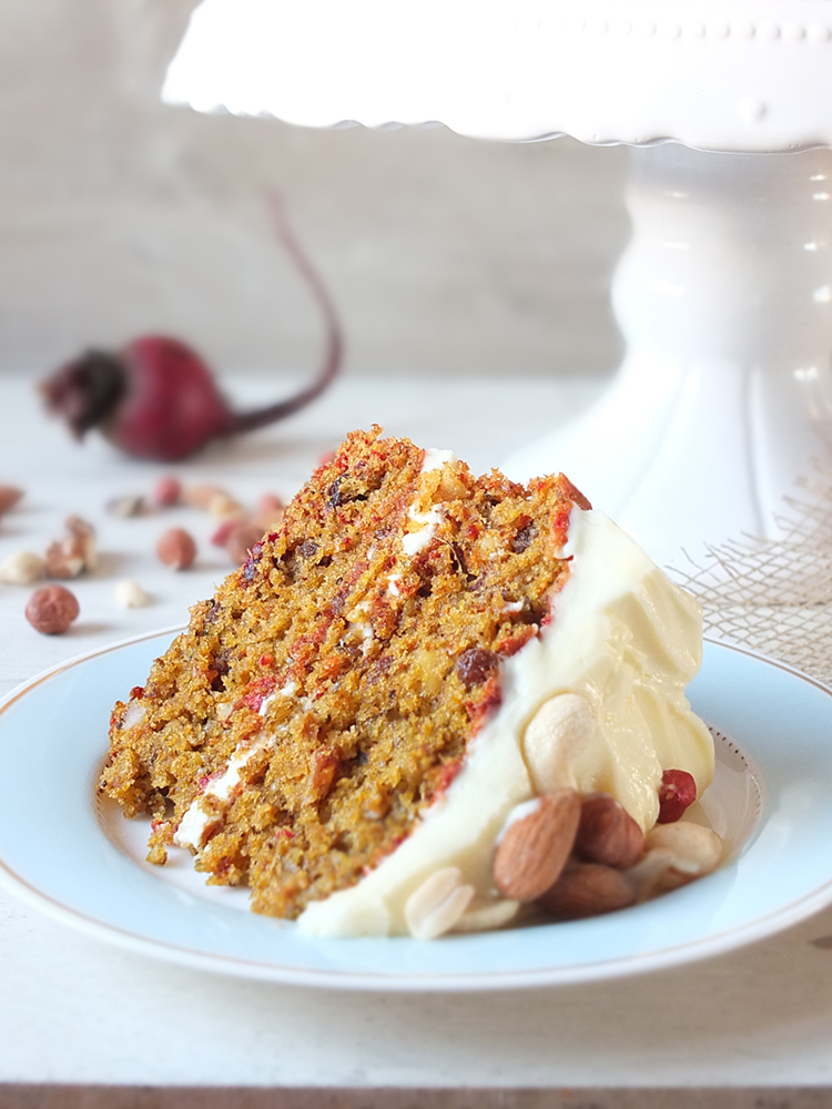 Carrot, Beetroot & Ginger Juice Pulp Cake with Cream Cheese Frosting