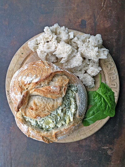 Hot Spinach and Artichoke Dip in a Sourdough Bread Bowl by Veggie Desserts