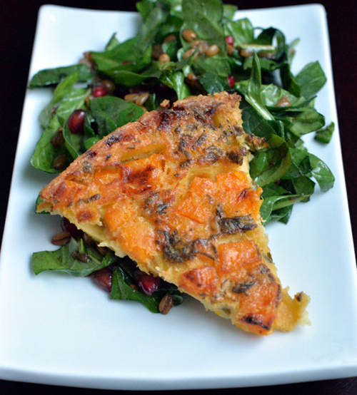 Butternut Squash Farinata with Spinach Salad and Pomegranate Vinaigrette