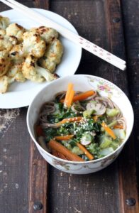 Cauliflower Leaf Miso Soba Soup and Miso Ginger Roasted Cauliflower by Veggie Desserts