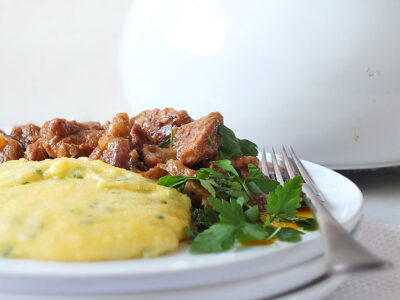 Slow Cooked Shetland Lamb Casserole with Creamy Herbed Polenta