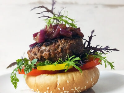 Smoked Cheddar Stuffed Aberdeen Angus Beef Burgers with Caramelized Red Onions