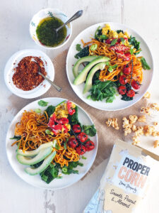 Roasted Corn, Sweet Potato Noodle and Avocado Salad with Toasted Buckwheat Dukkah