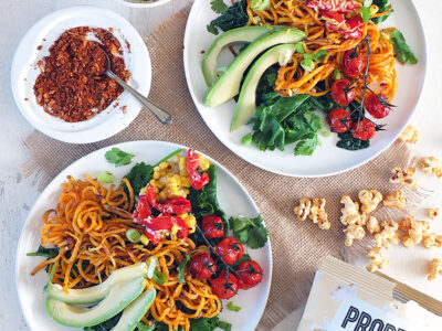 Roasted Corn, Sweet Potato Noodle and Avocado Salad with Toasted Buckwheat Dukkah