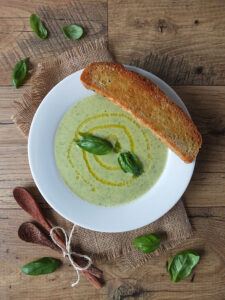 Courgette and Basil soup with Focaccia Toast