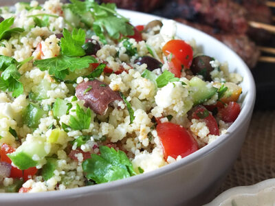 Mediterranean-inspired BBQ Koftas, Couscous Salad and Baharat Yogurt Dip