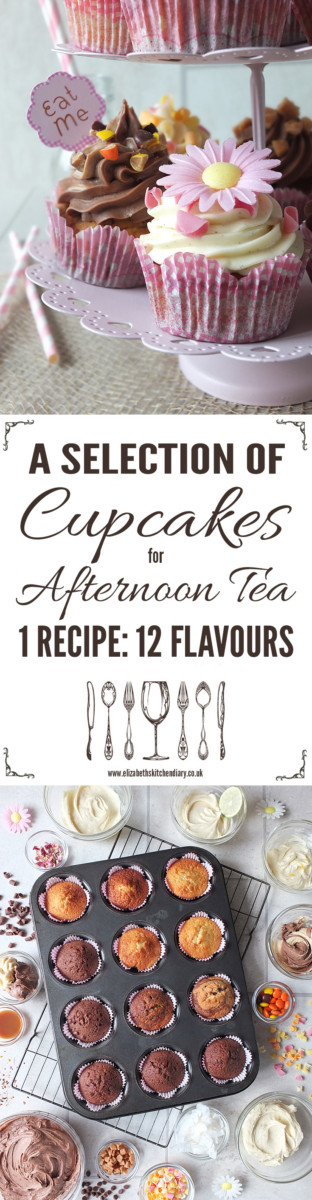 A selection of cupcakes for afternoon tea. One recipe, twelve different flavours.