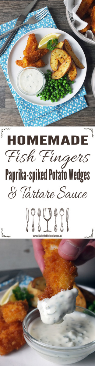 Homemade fish fingers with paprika-spiked potato wedges and homemade tartare sauce.