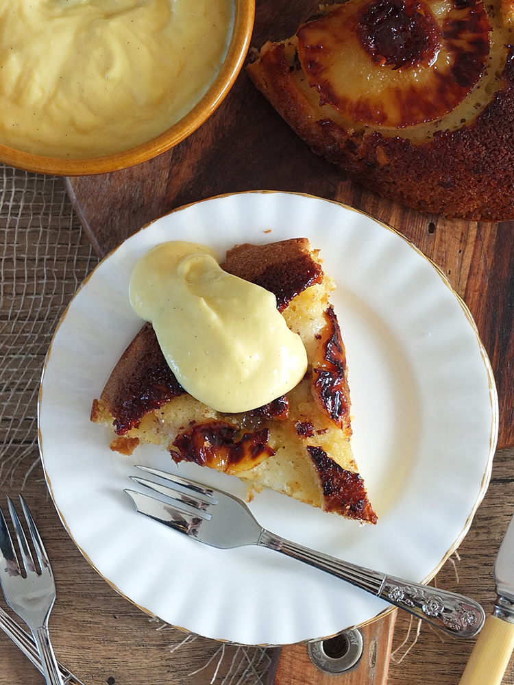image of Pineapple Upside Down Cake & Homemade Vanilla Custard recipe by Elizabeth's Kitchen Diary