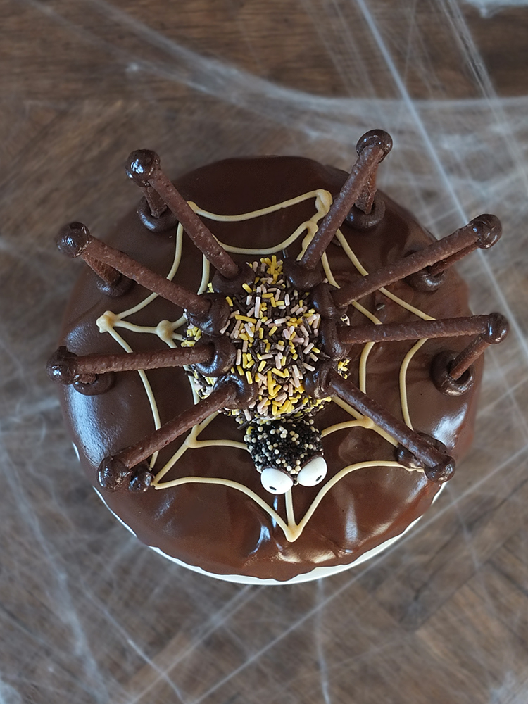 Chocolate and Peanut Butter Swirl Halloween Spider Cake
