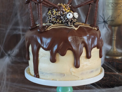 Chocolate and Peanut Butter Swirl Halloween Spider Cake