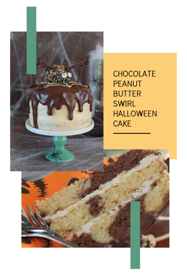 Chocolate peanut butter swirl halloween cake with a giant spider decoration! #halloween #cake #spider #chocolate #peanutbutter
