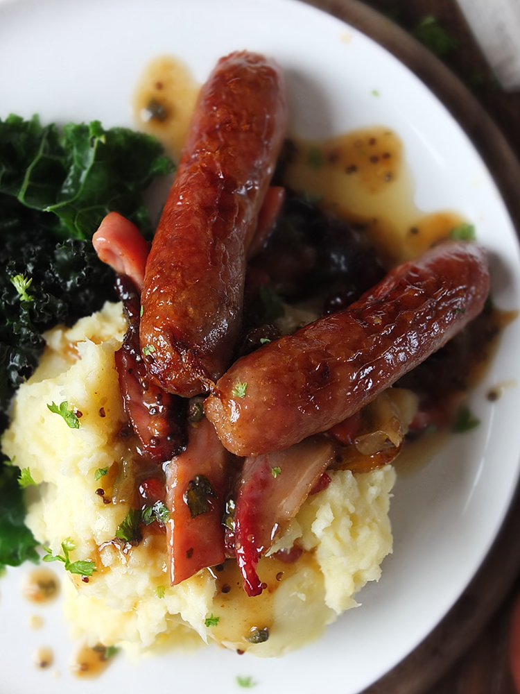 Beer-glazed Roast Iron Age Pork Sausages