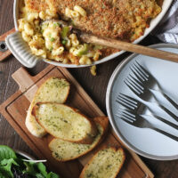 Three cheese macaroni & cheese with bacon, leeks and peas