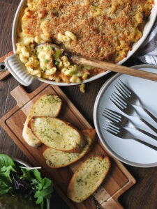 Three cheese macaroni & cheese with bacon, leeks and peas