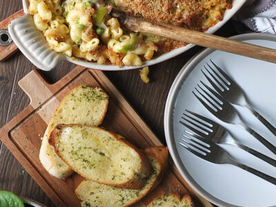 Three cheese macaroni & cheese with bacon, leeks and peas