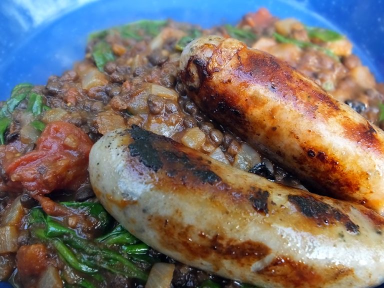 Sausages with Puy Lentils & Kale a Campfire Recipe Elizabeth's