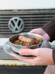 Sausages with Puy Lentils and Kale - a campfire recipe