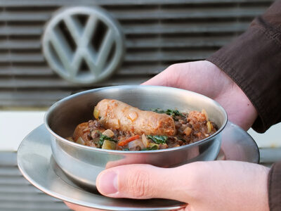 Sausages with Puy Lentils and Kale - a campfire recipe