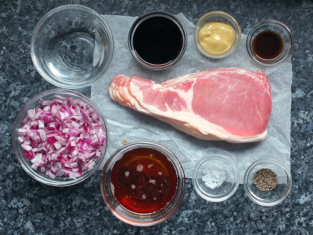 Top down image of the ingredients needed for making bacon jam.