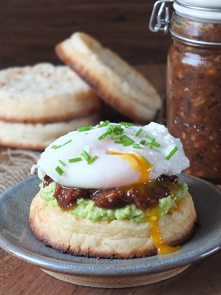 "The Hipster Cowboy" Crumpet with Avocado, Bacon Jam & a Poached Egg