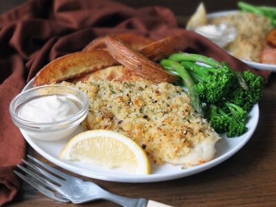Lemon & Cracked Black Pepper Crusted Cod Fillets with Potato Wedges & Lemon Mayo, for two