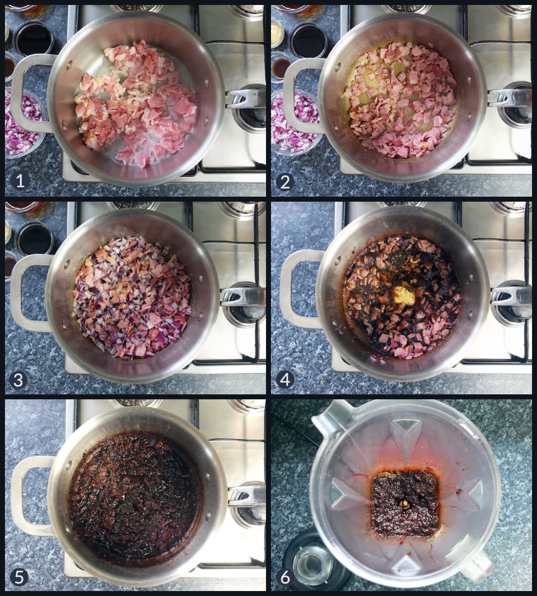 Step by step collage image how to make bacon jam from scratch.