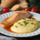 Grilled Salmon with Creamy Polenta with Pistachios and Tomato Butter