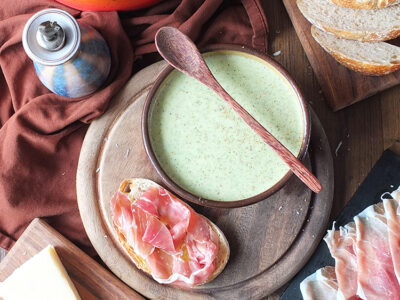 Broccoli and Watercress Soup with Grana Padano and Prosciutto di San Daniele Tartines