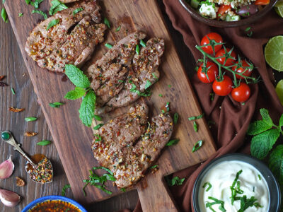 BBQ Lamb Leg Steak with Harissa and Mint